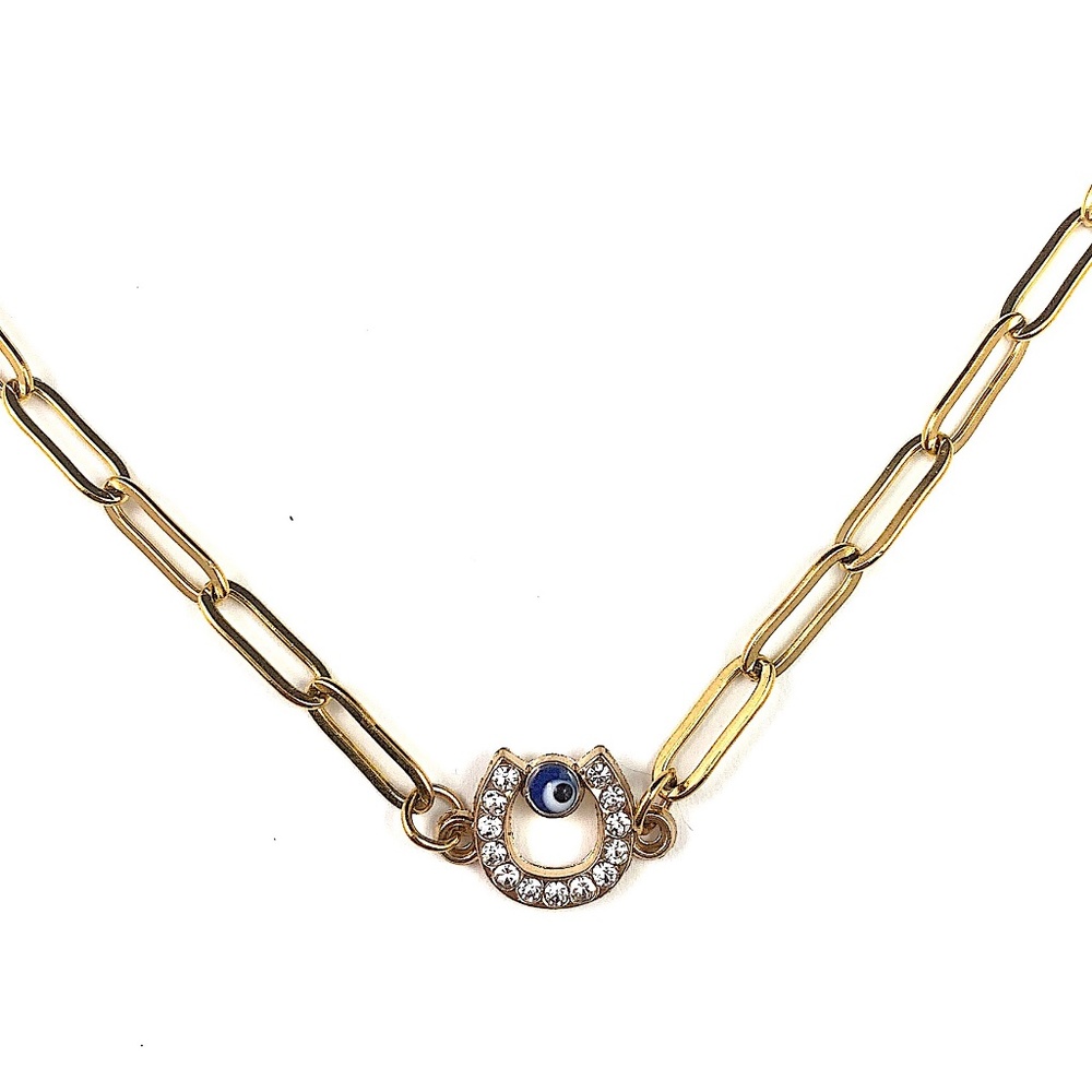Lucky Eye Horseshoe Charm Paperclip Chain Necklace - NWT